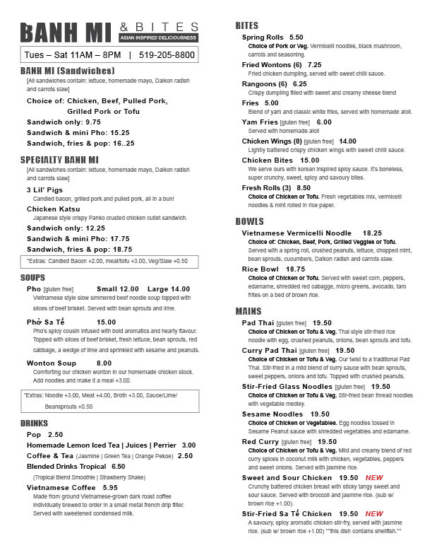 Banh Mi Bites Take Out Menu 2025